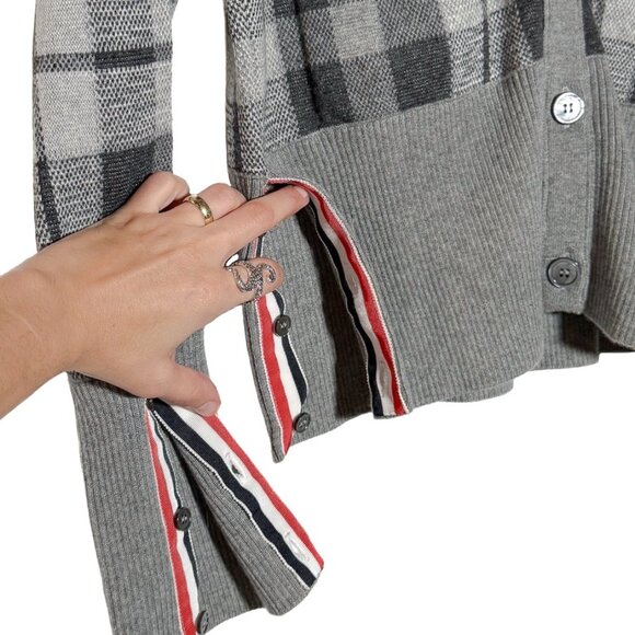 Thom Browne Grey Cashmere Tartan Check Cardigan Sweater - Picture 3 of 10
